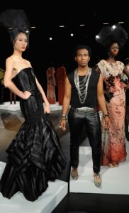 David Tlale with two of his models during his Spring 2013 Presentation at Mercedes-Benz New York Fashion Week